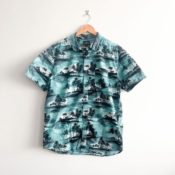 Billabong Mens Summer Shirt Button Down Short Sleeve Palm Print Green Large - Picture 1 of 7
